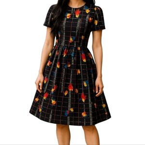 Lularoe Amelia Small Dress  Black Abstract Flames Floral Pink Colorful Unicorn